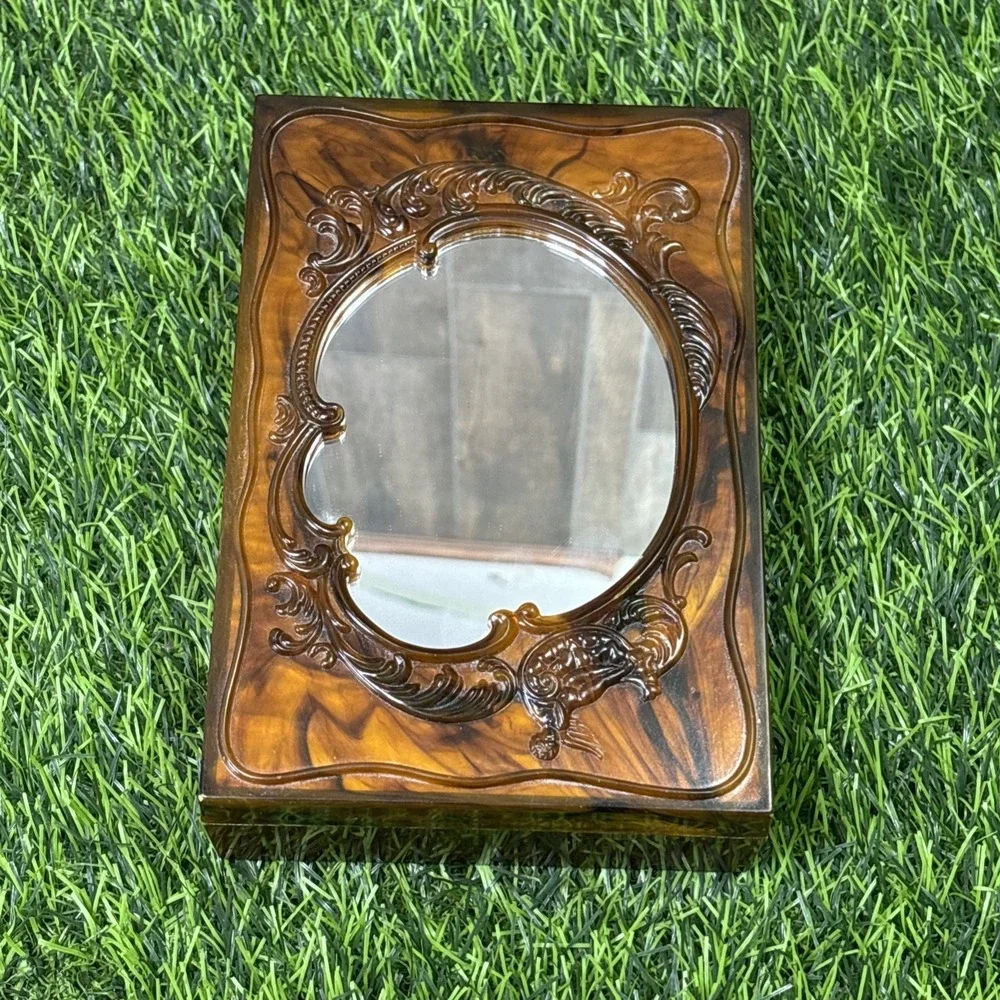 Vintage MCM Faux Tortoise Lucite Mirrored Jewelry Box Baroque Vanity Trinket